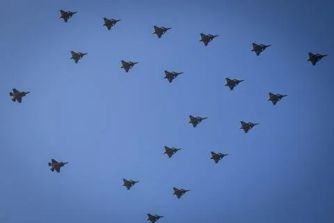 Fighter jets fly in Christmas tree formation over Copenhagen, Denmark - 16 Dec 2 Fotos Stock