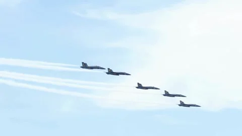 Fighter Jets Flying in Formation Against Blue Sky. Stock Footage 321179443