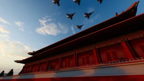 Fighter jets perform an aerial formation show over landmark buildings in Bei Stock Footage 316521695