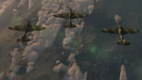 Fighter jets of the second world war IL-2 flying wedge Stock Footage