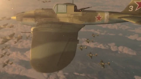 Fighter jets of the second world war IL-2 flying wedge Stock Footage 85284985