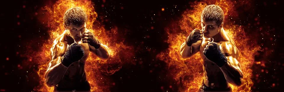 Fighter man punching in fire Stock Photos