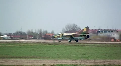 Fighter MiG-23 (NATO: Flogger) moves towards runway. Syrian Air Force. Stock Footage 142008661