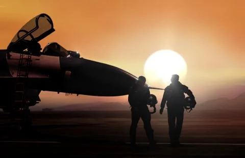 Fighter pilot and supersonic jet on military airbase during sunset Stock-Fotos