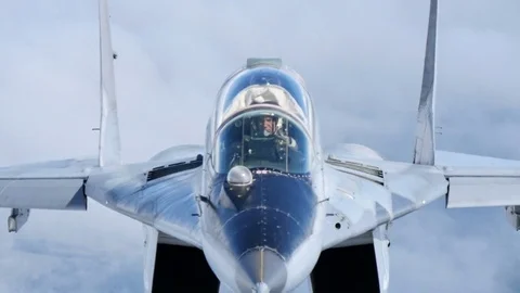 Fighter pilot in flight. Close view of Bulgarian MiG-29 cold war jet. Stock Footage 71142737