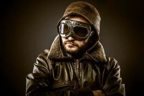 Fighter pilot with hat and glasses era, vintage Stock Photos