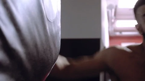 Fighter is practicing in boxing gym, Thai boxing, Martial arts Stock Footage 112057208