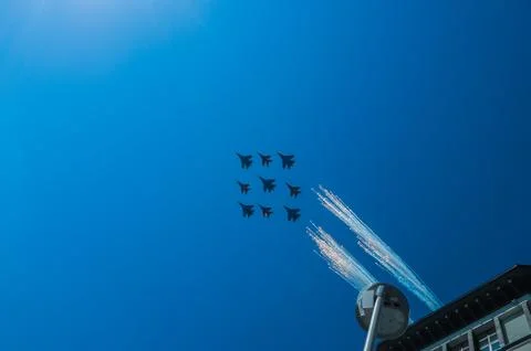 Fighter Squadron on parade in Moscow Stock Photos