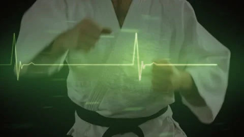 Fighter throwing training punches, camera rising revealing stance, ECG line Stock Footage 330980521