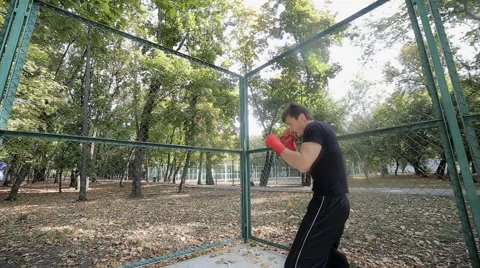 Fighter training in the park and strikes Stock Footage 55755569