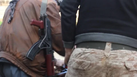 Fighters at checkpoints, Idlib Syria 스톡 동영상 113693681