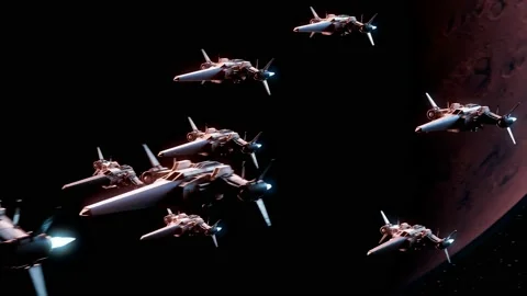 Fighters go for the war mission. Small spaceships flying above the alien planet. Stock-Footage 201110649