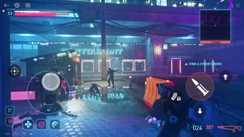 Fighting against the level boss enemy in the mockup mobile cyberpunk game Stock Footage 262926767