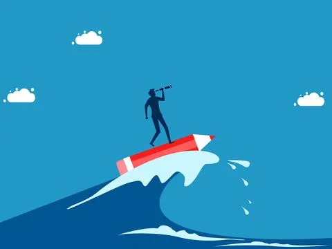 Fighting crises with creativity and vision. man leader surfing the ocean wave Stock Illustration