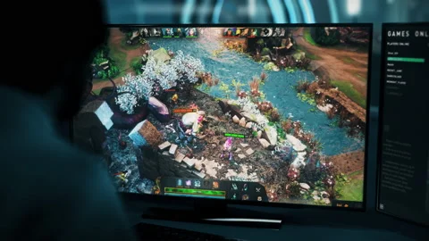 Fighting the enemy in the multiplayer online battle arena esports computer game Stock Footage 235655824