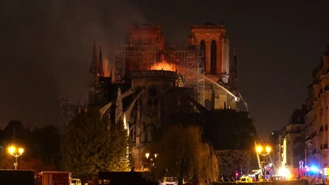Fighting the fire of Notre-Dame de Paris in France Stock Footage 166765740