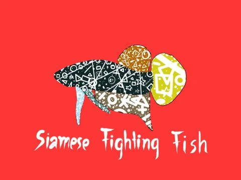 Fighting fish and geometry design isolated on red background. Illustrazione stock