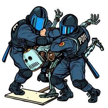 Fighting the future. Police arrest a protesting robot Stock Illustration