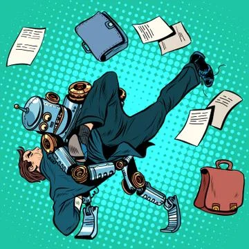 Fighting robot and human, artificial intelligence, new technolog Stock Illustration