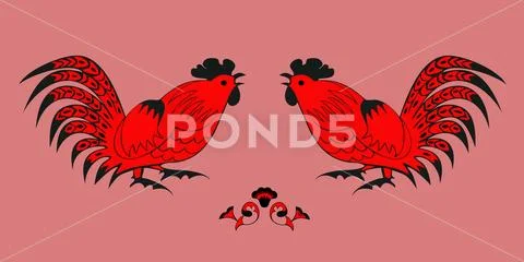 Fighting of roosters on a red background Stock Illustration