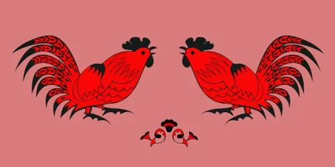 Fighting of roosters on a red background Stock Illustration
