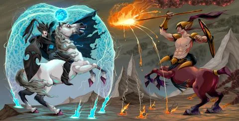 Fighting scene between dark elf and centaur Stock Illustration
