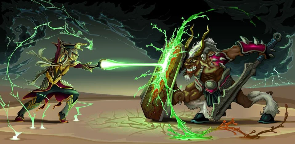 Fighting scene between elf and beast Stock Illustration