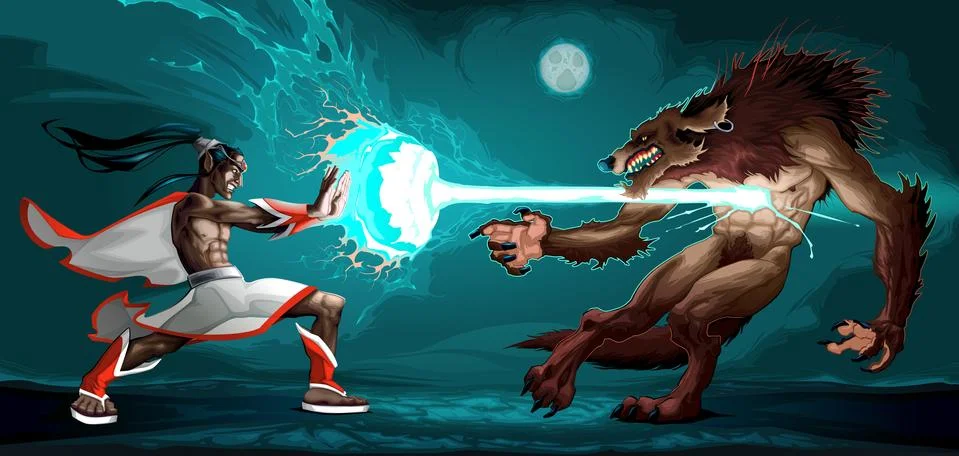 Fighting scene between elf and werewolf Stock Illustration