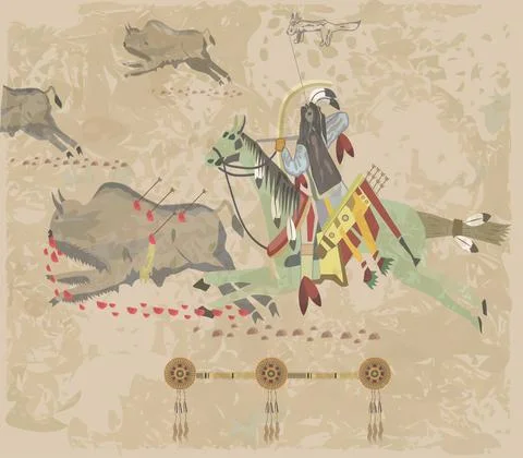 Fighting wolf hunting bison Stock Illustration