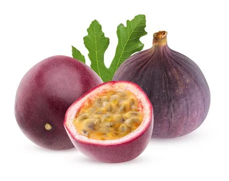 Figs and passion fruit isolated on a white background with a clipping path. a Stock Photos