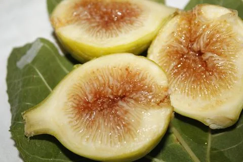 Figs cut in half with leaf isolated on a white table, photo of Italian fig fr Stock Photos