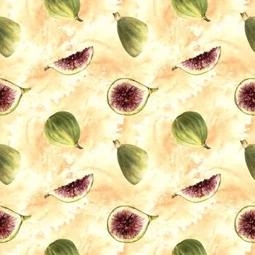 Figs fruit seamless pattern on watercolor splashes, yellow spotted background イラスト素材