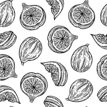 Figs seamless vector pattern. Ripe garden fruits whole, half, slice Stock Illustration