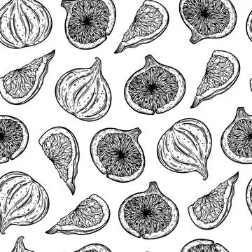 Figs seamless vector pattern. Ripe garden fruits whole, half, slice Illustrazione stock