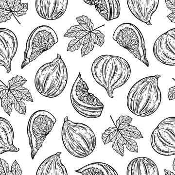 Figs seamless vector pattern. Ripe fruits whole, half, slice Illustrazione stock