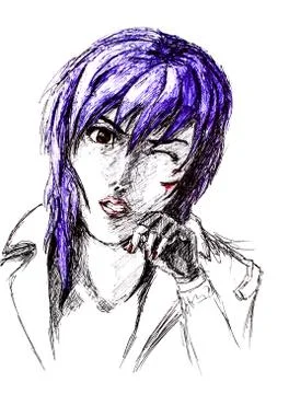 Figure ballpoint pen, emo goth with a scratched face. Nasty anime style Stock Illustration