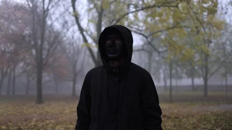 A figure in a black hooded jacket stands in a foggy autumn park, putting on a da Stock Footage 290185693