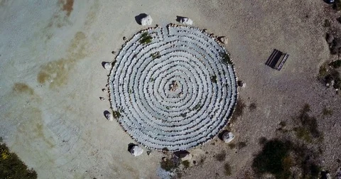 Figure of a circle from stone made on the ground. Drone Point of View Stock Footage 76858226