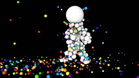 Figure dancing made from 3D white spheres. Particles explode from the figure Video stock 134704179