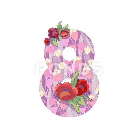 Figure eight with floral pattern decorated with red tulips. 8 March Stock Illustration