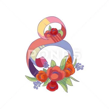 Figure eight made of colorful ribbon decorated with beautiful red tulip. Spring Stock Illustration