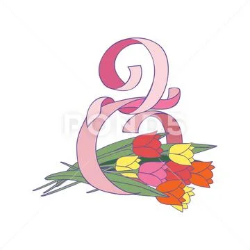 Figure eight made of pink ribbon and beautiful tulip flowers. International Stock Illustration