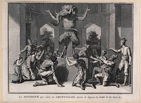 A figure with the head of an elephant and the legs and feet of a goat dance.. Stock Illustration