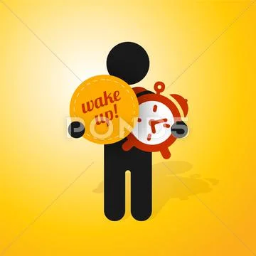 Figure man holds alarm clock and sign wake up Stock Illustration