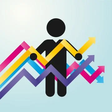 Figure man holds chart of colored arrows Stock Illustration