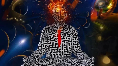 Figure of man with maze pattern in lotus pose in flames Stock Footage 168636127