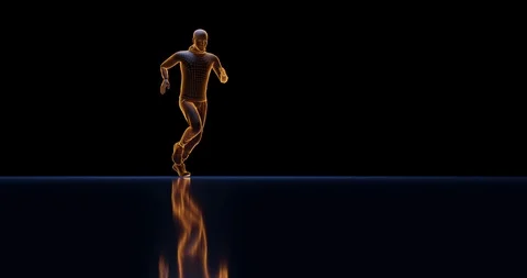 Figure of a man with a wireframe jogging on a blue reflective surface. Stock Footage 121881806