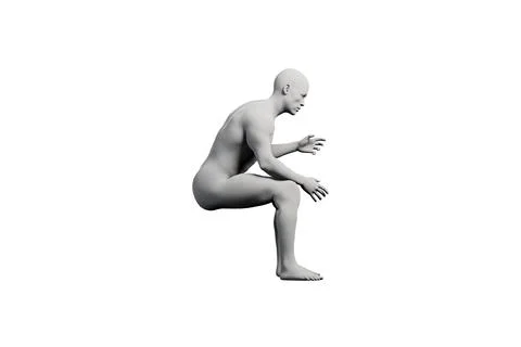 Figure model crouching contemplatively in white studio Stock Illustration