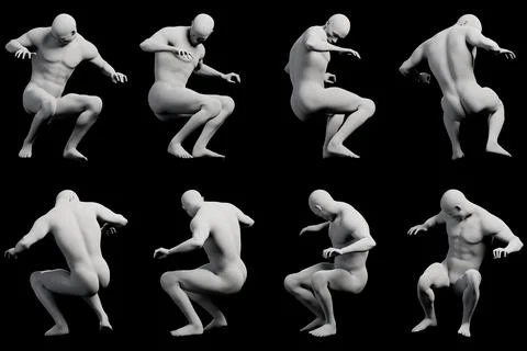 Figure model crouching multiview collage black studio 스톡 일러스트