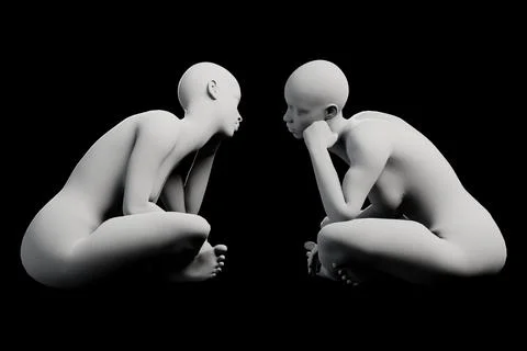 Figure model in crouching pose, contemplative, black studio Stock Illustration